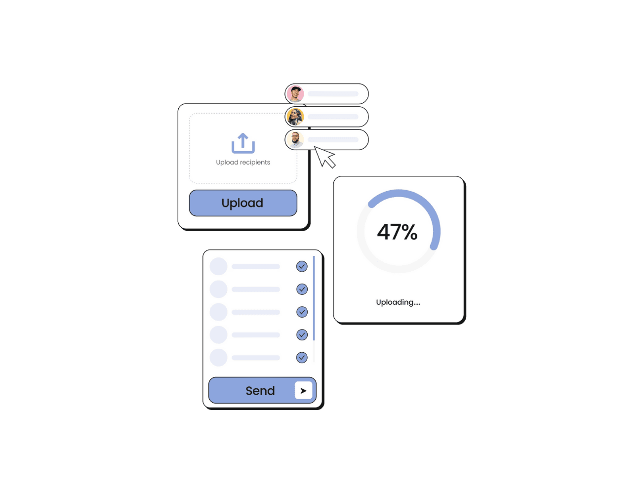 A recipient upload list with a sending progress indicator