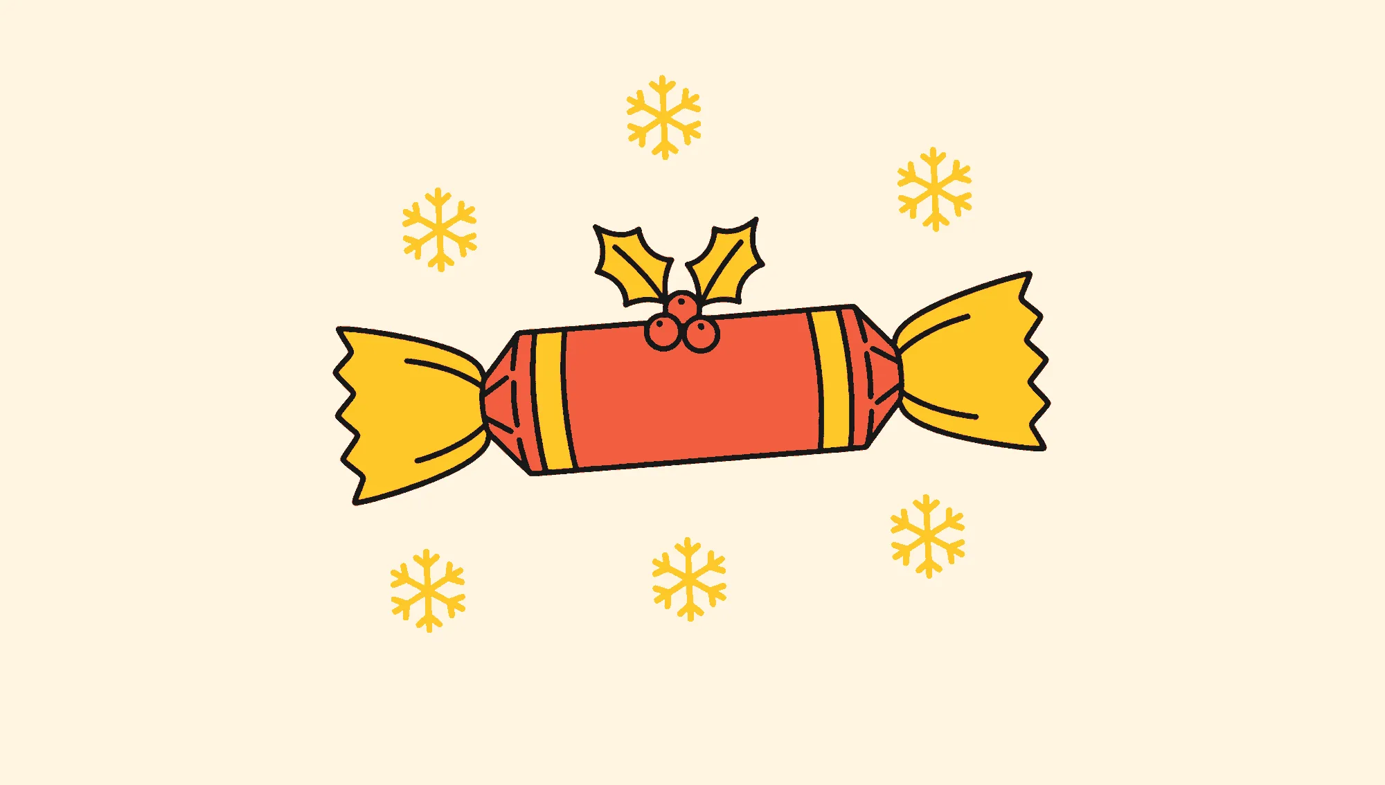 Flat illustration of a Christmas cracker with holly and snowflakes, for a post on Christmas team building activities for work