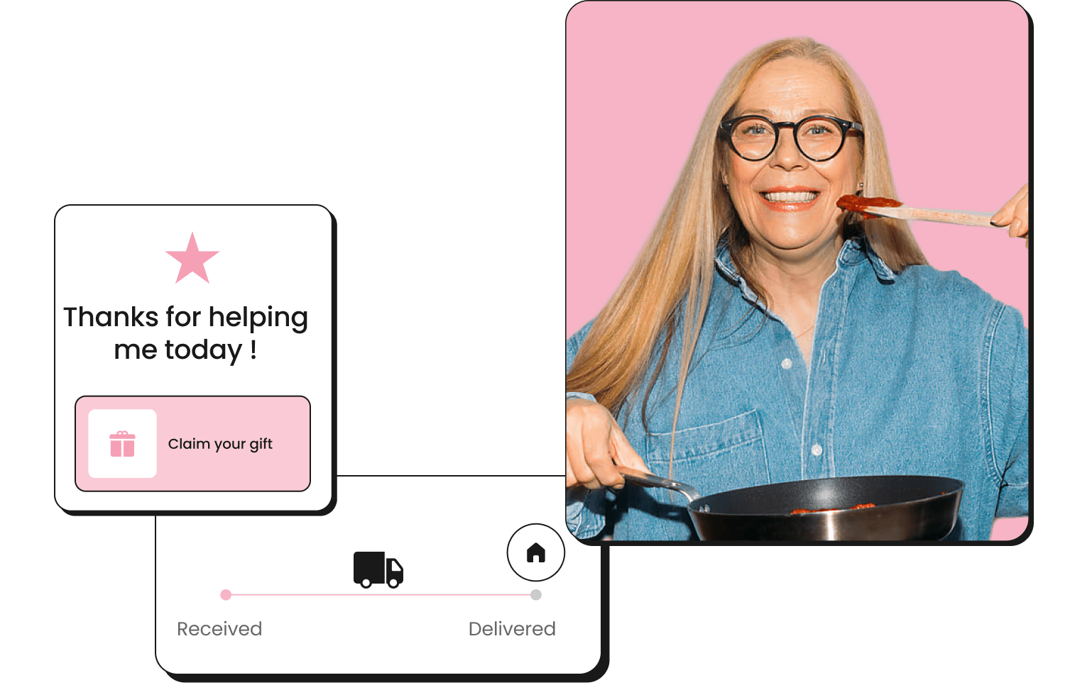A thank-you gift notification beside a photo of a woman in a kitchen