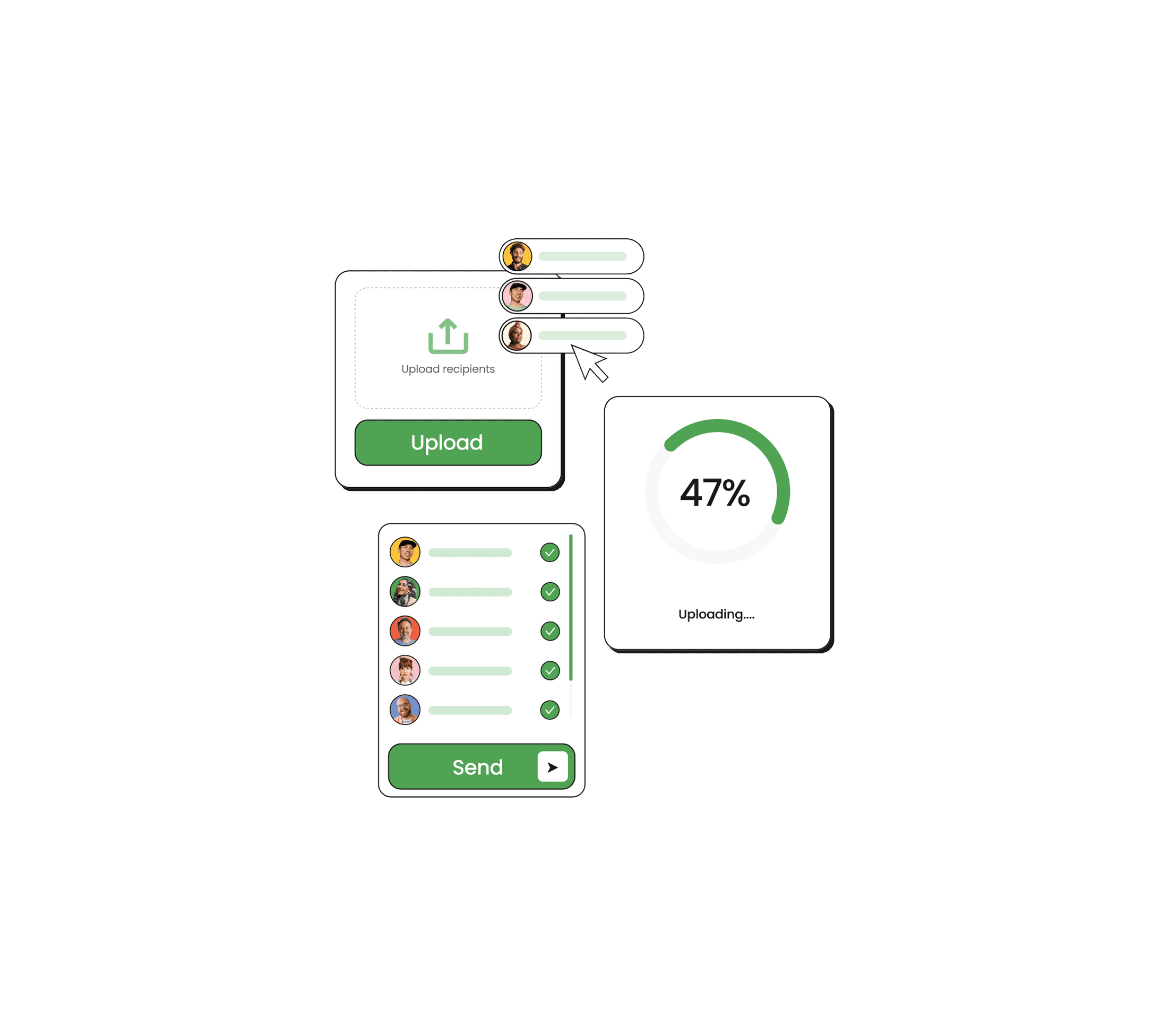 A recipient upload list with a sending progress indicator