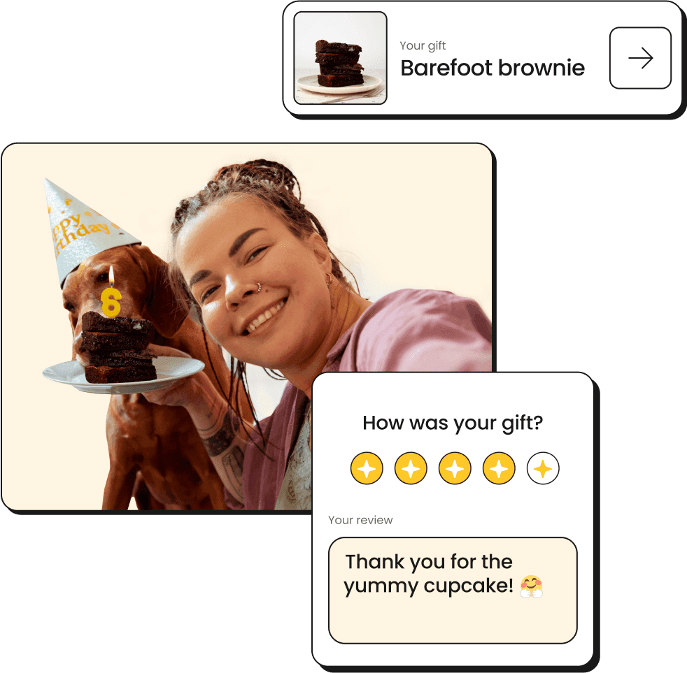 A gift review flow beside a photo of a woman with a dog and a cake