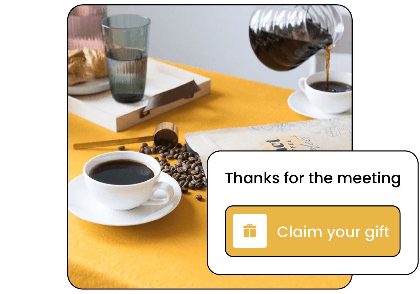 A coffee and pastry with a 'Thanks for the meeting' gift claim card