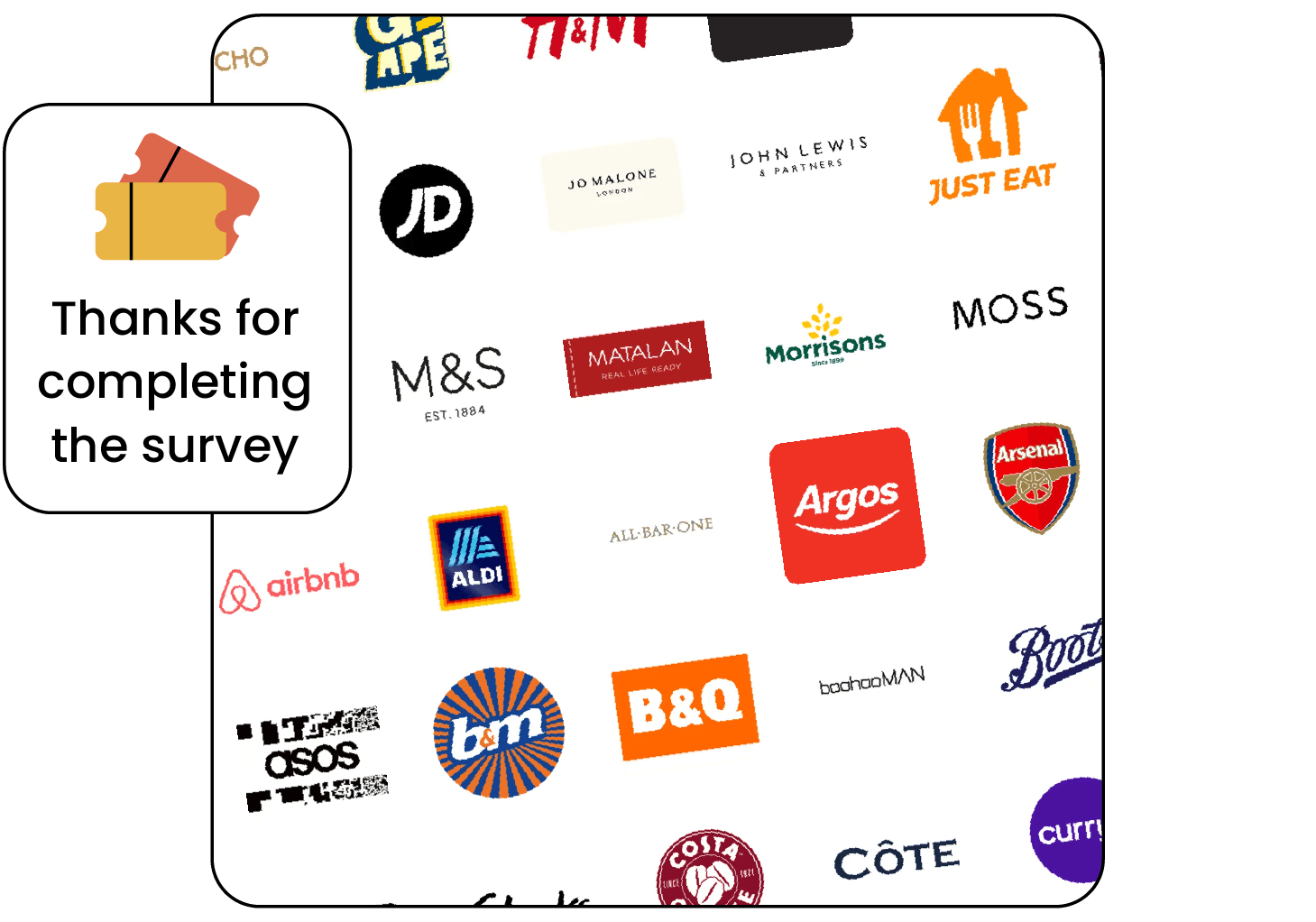 A collage of retailer gift card brands with a 'Thanks for completing the survey' message