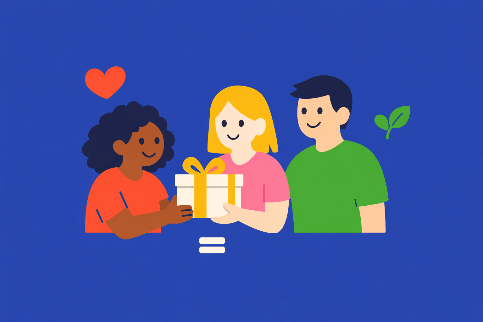 Flat illustration of diverse people exchanging gifts on an indigo blue background, representing inclusive International Women s Day workplace recognition
