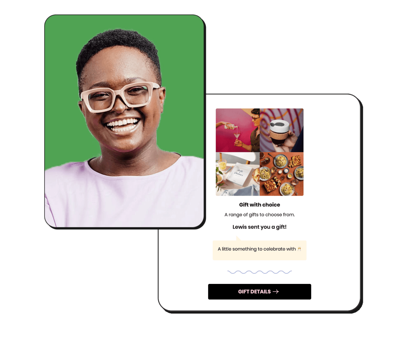 A gift claim screen beside a photo of a smiling woman