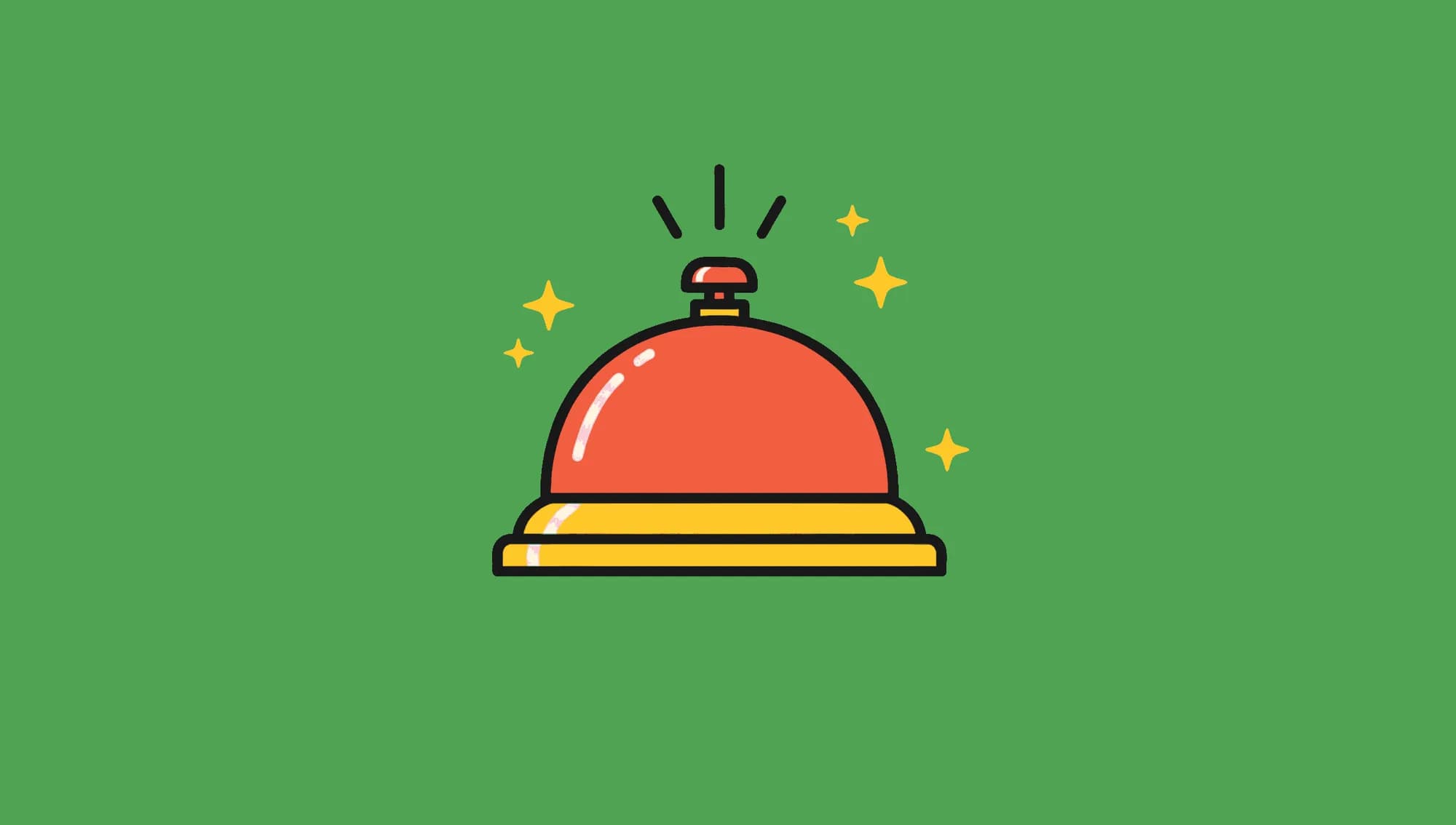 Flat illustration of a coral and yellow counter service bell on a spring green background, with small sparkle accents
