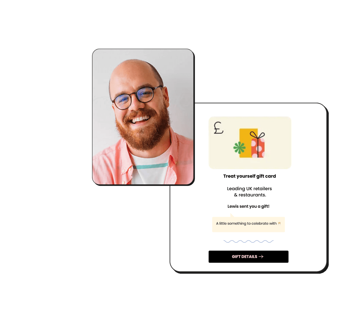 A gift card message shown beside a photo of a smiling man