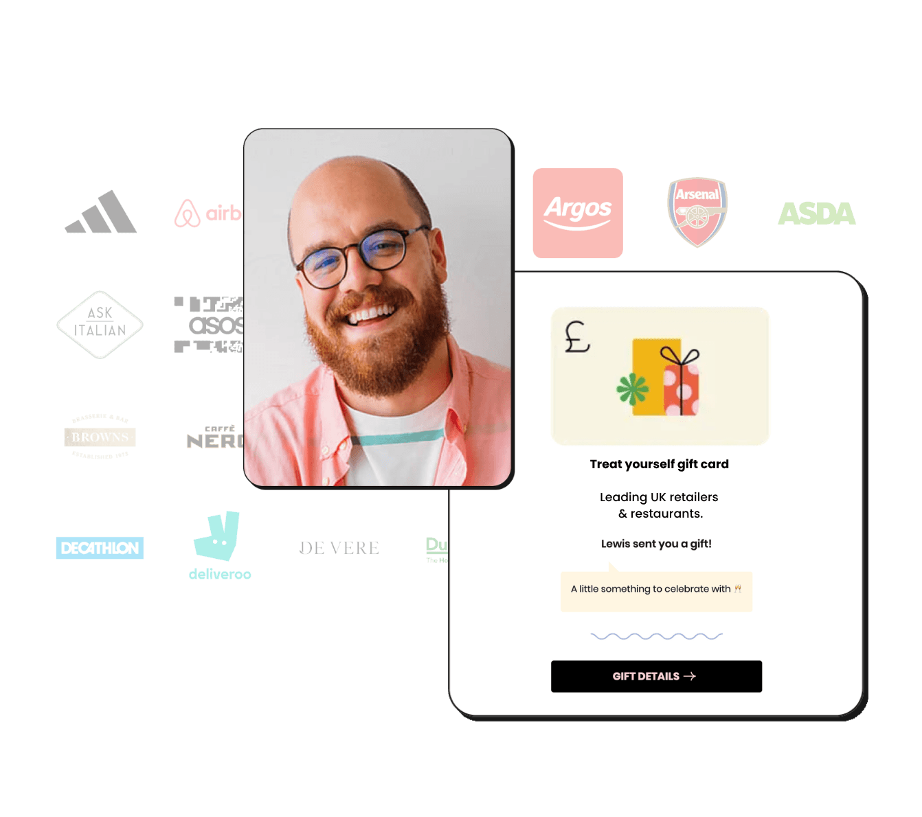A gift card message with brand logos and a photo of a smiling man