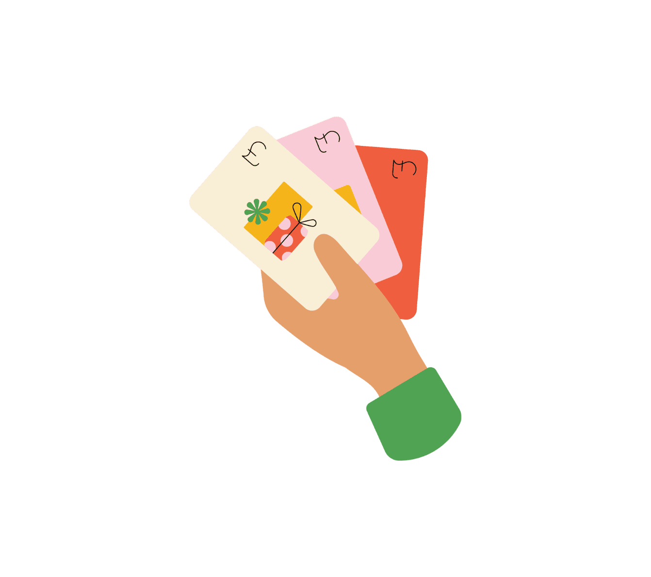 An illustration of a hand holding a fan of gift cards