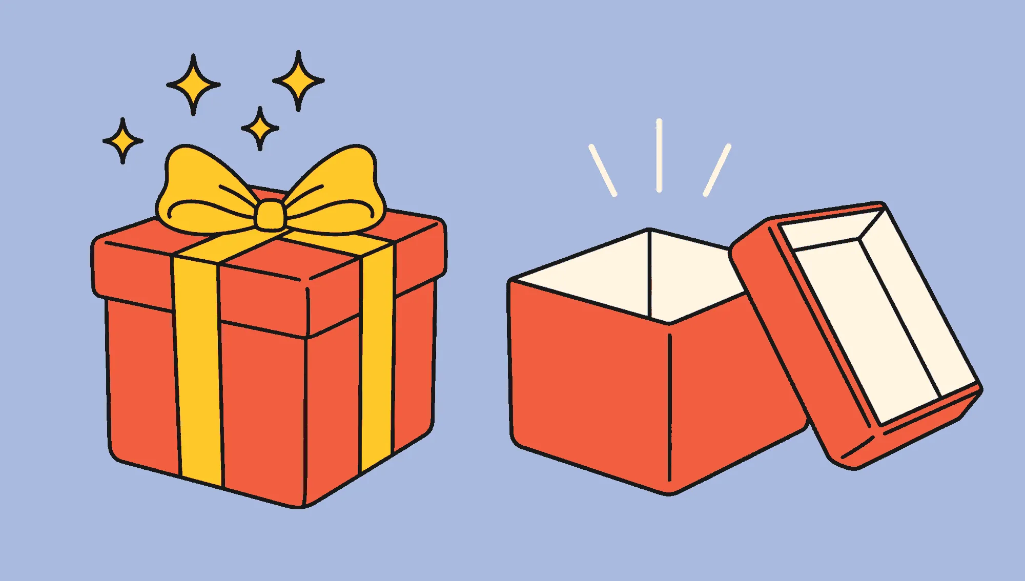 Flat illustration of a wrapped gift beside an empty open gift box, for research on the Christmas gift age gap