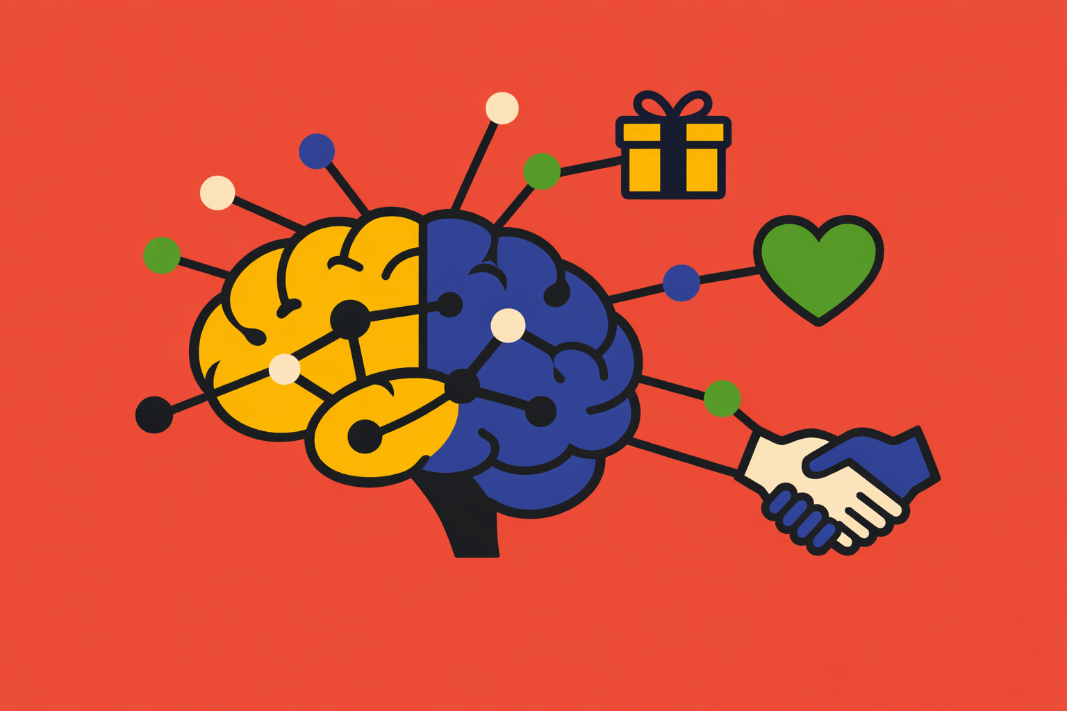 Flat illustration of a brain with interconnected nodes linking to a gift box, heart, and handshake on a coral red background, representing the psychology and science of gifting
