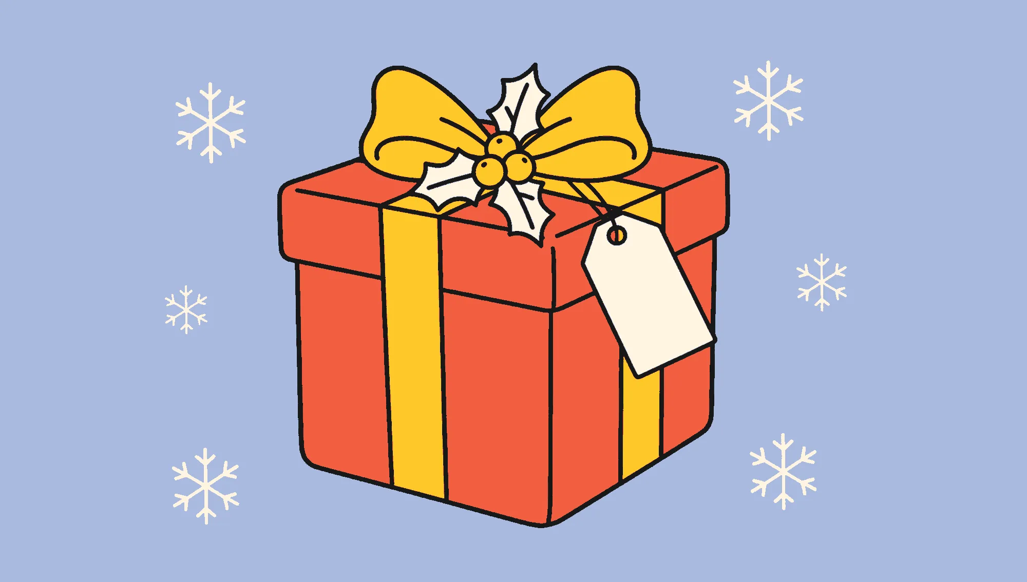 Flat illustration of a wrapped Christmas gift with holly and a blank gift tag, for a post on panic-buying December employee gifts