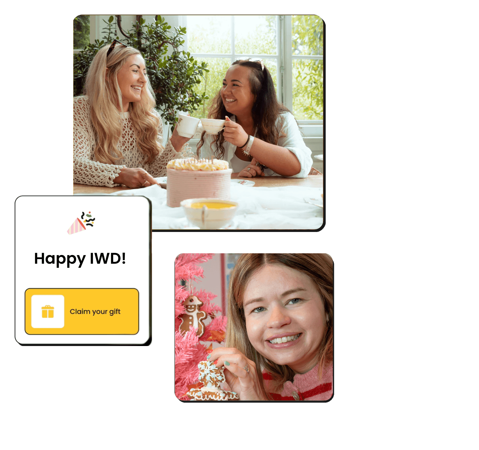 A collage of women-owned brand founders with an International Women's Day gift card