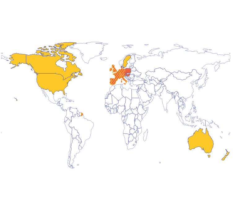 A world map with several countries highlighted