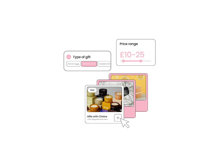 The Huggg gift picker showing gift type and price range filters