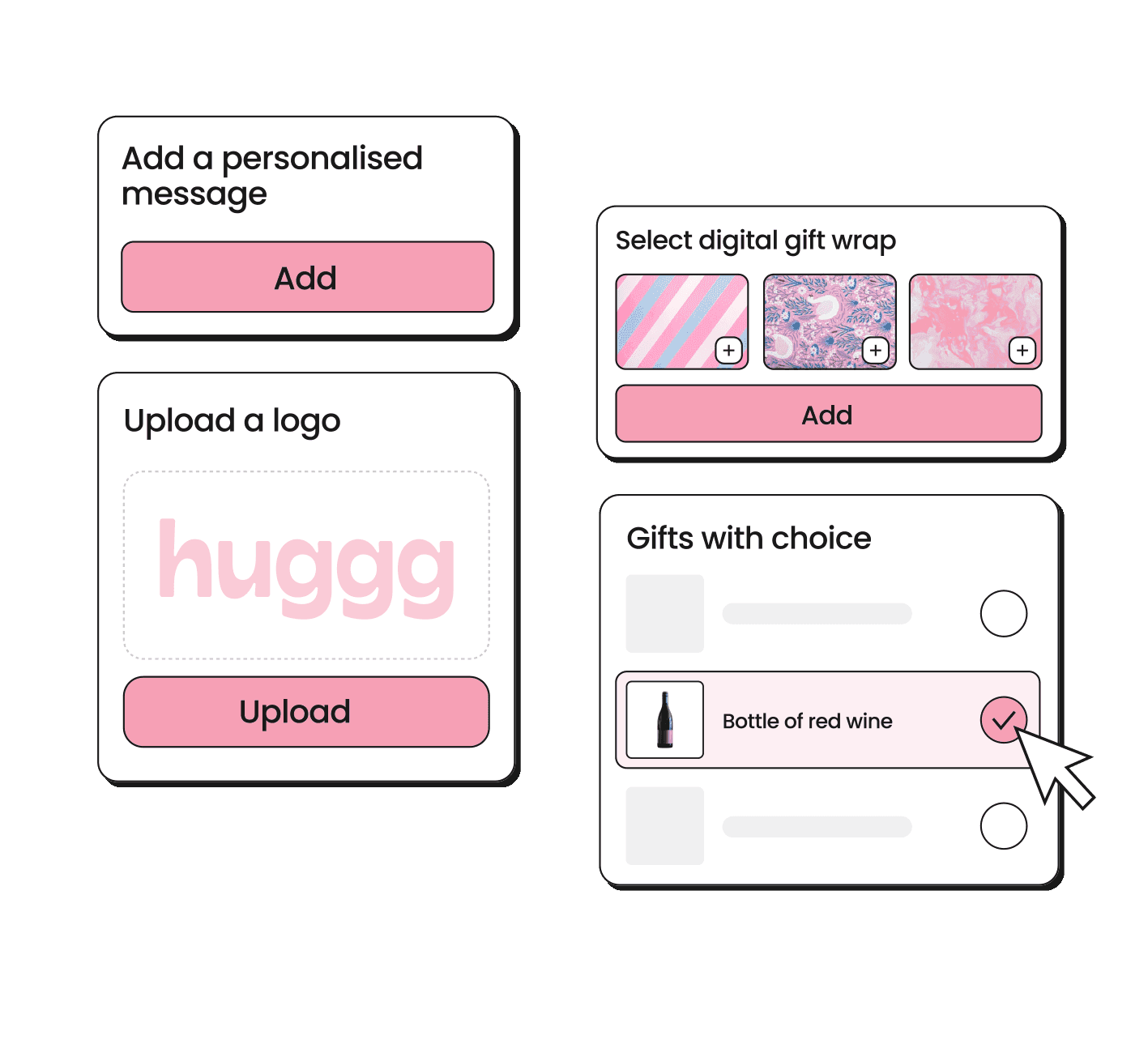 The Huggg send flow showing a personalised message, logo upload and gift wrap options