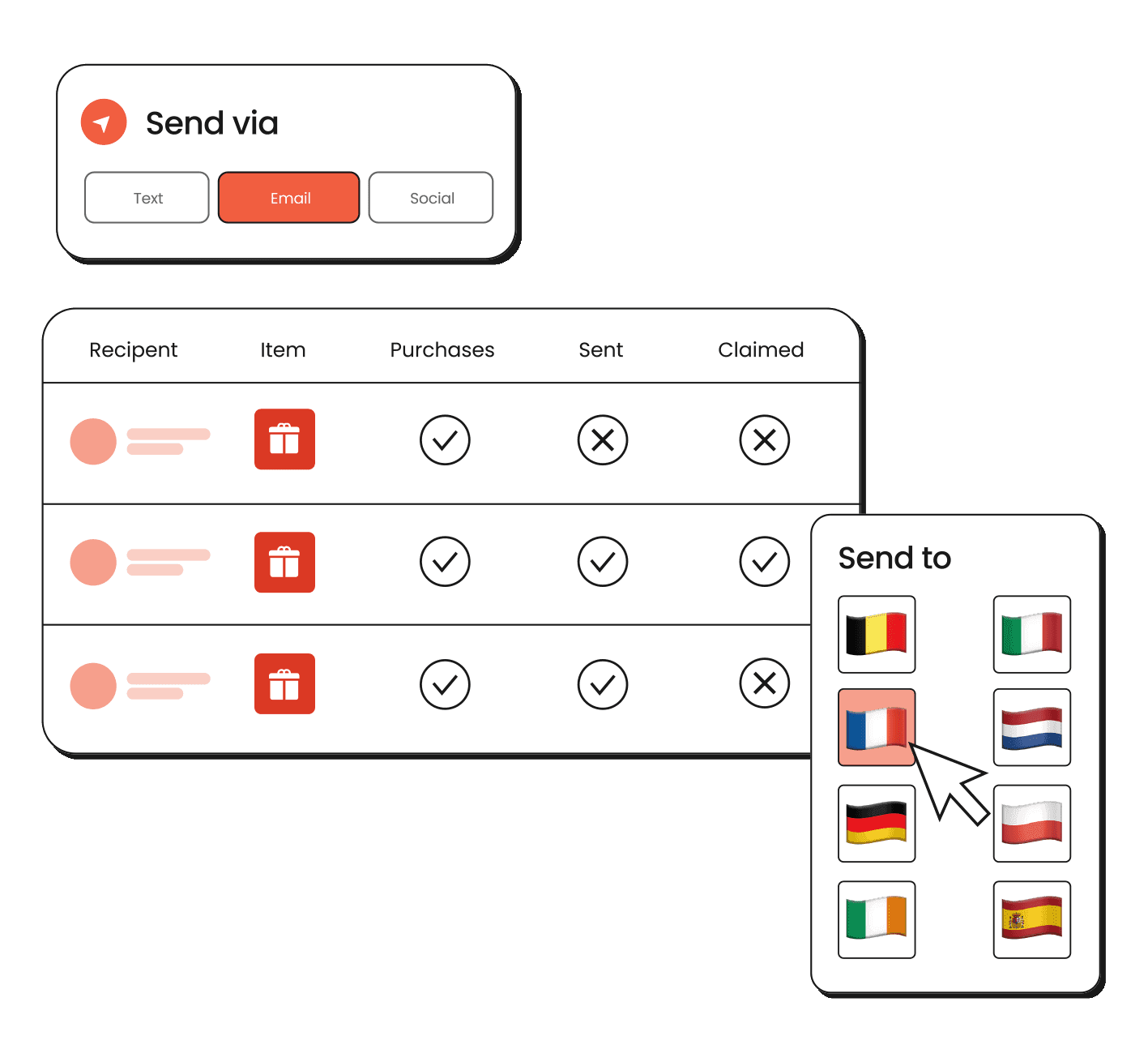A gifts report beside a country picker for sending gifts overseas