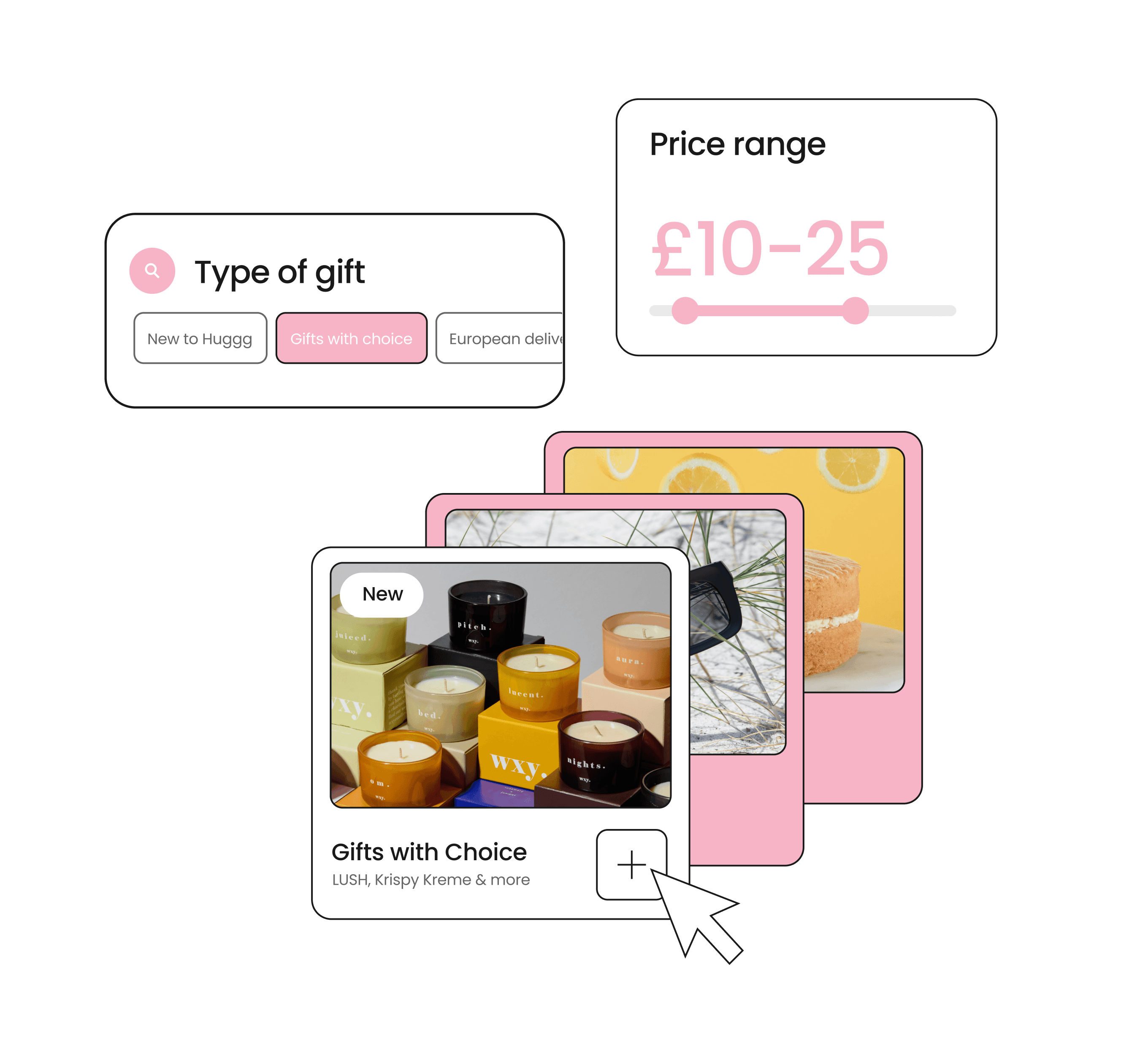 The Huggg gift picker showing gift type and price range filters