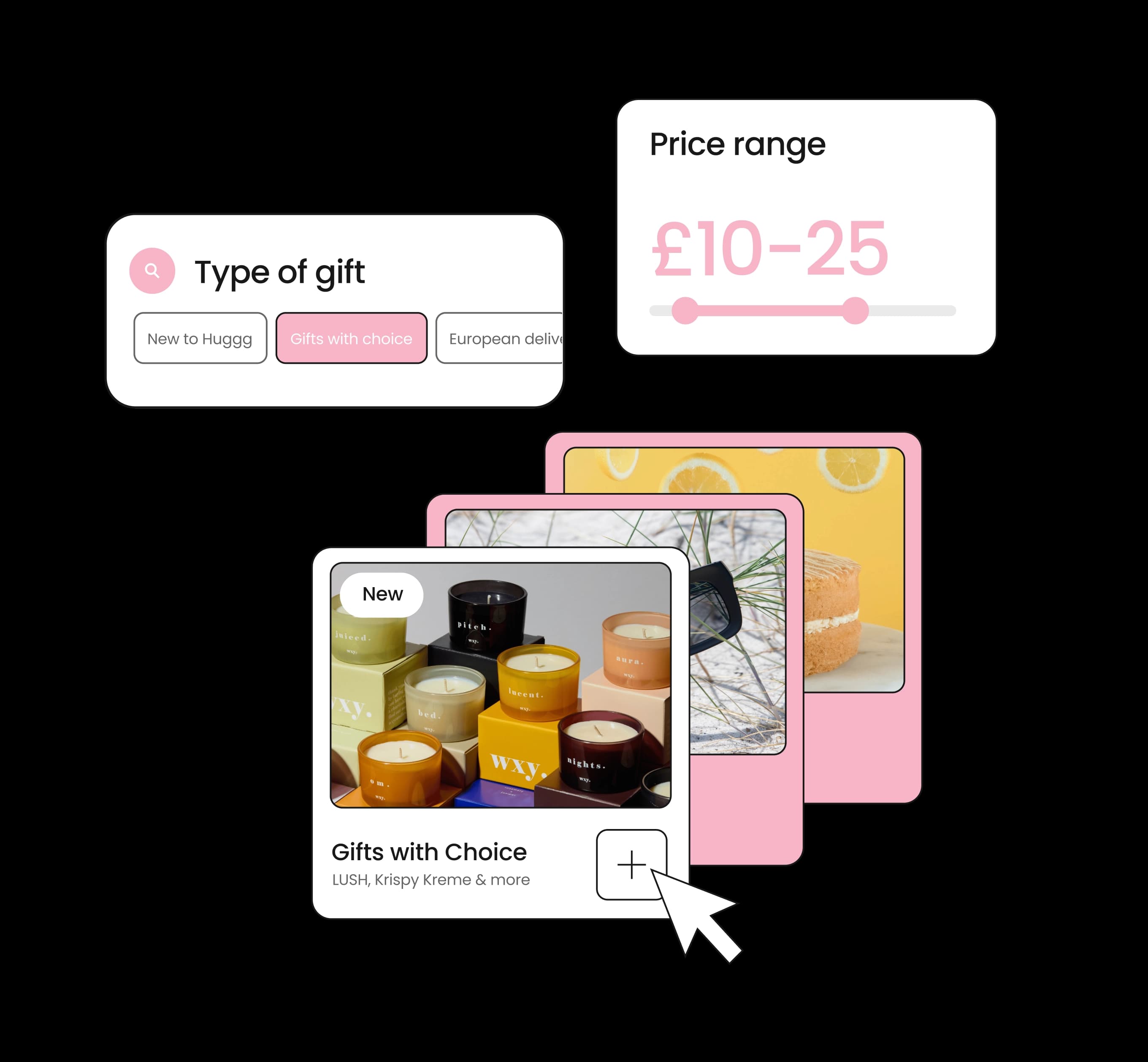 The Huggg gift picker showing gift type and price range filters