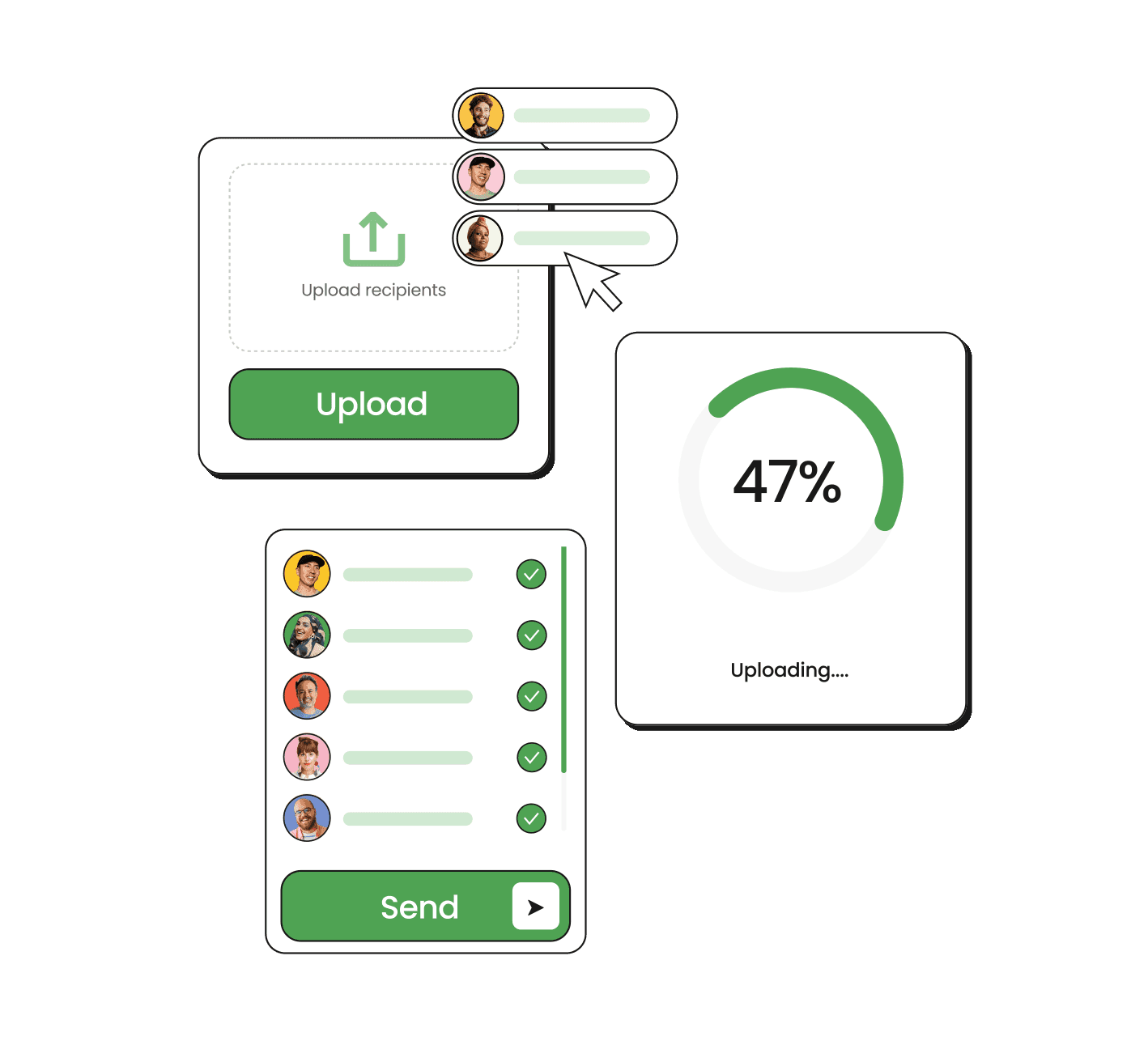 A recipient upload list with a sending progress indicator