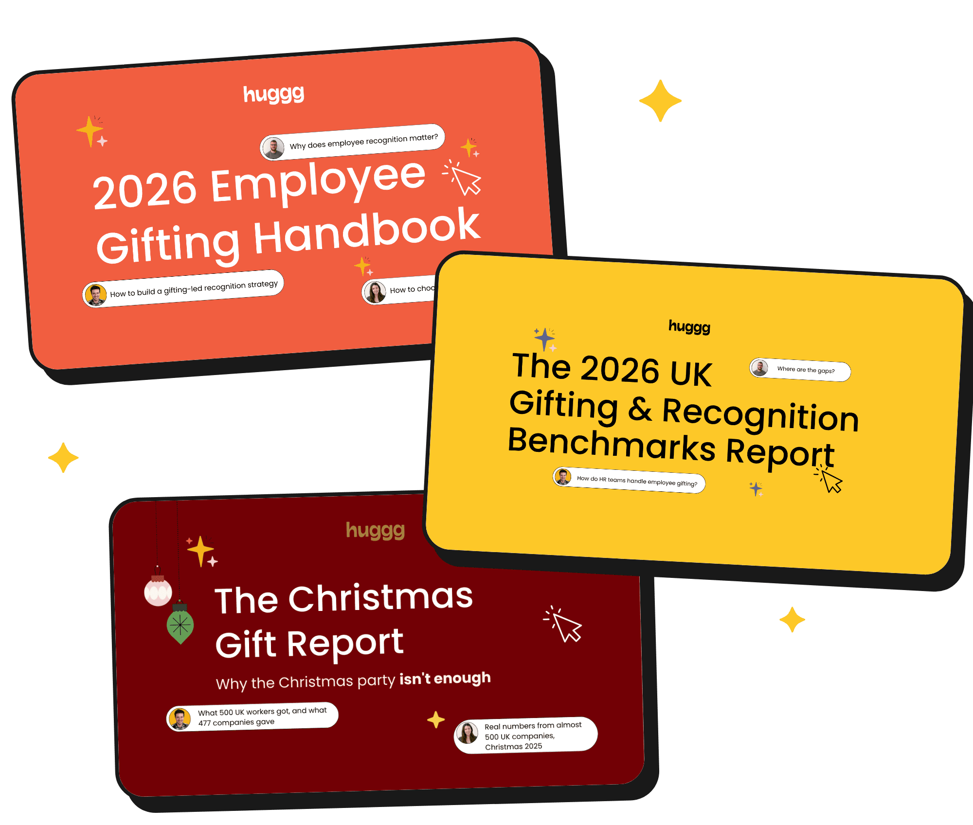 Three Huggg report covers in outlined cards: the 2026 Employee Gifting Handbook, the 2026 UK Gifting and Recognition Benchmarks Report, and the Christmas Gift Report