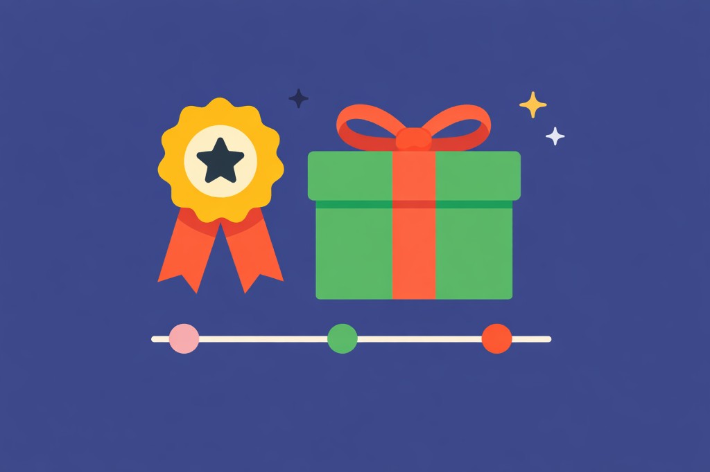Long-service award ribbon, gift box, and milestone timeline illustration