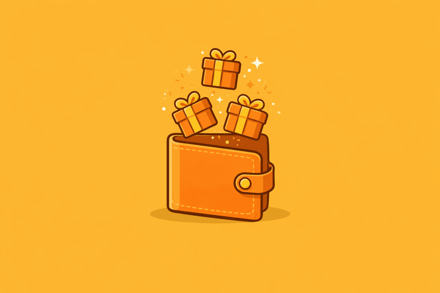 Flat illustration of a wallet with gift boxes flowing out on a gold yellow background